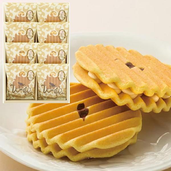 ドイツ風の堅焼きワッフルに、ヴァニラ風味のクリームを挟んだ洋風焼き菓子です。さっくりとした口あたりをおたのしみください。商品：ヴァッフェル×8【化粧箱入】箱サイズ：約28×18×4.5cm・重量：約400g賞味期限：常温保存140日アレルゲ...