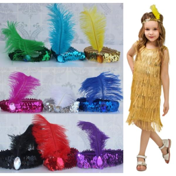 ブレスにも使えるスパンコールヘアバンドサイズ：平置きサイズ18×3cm、頭回り40cm〜52cm、バンド部分ゴム入り羽根長さ約15〜20cm（天然羽根につき、多少の誤差はご了承ください）セット内容：スパンコールヘアバンド