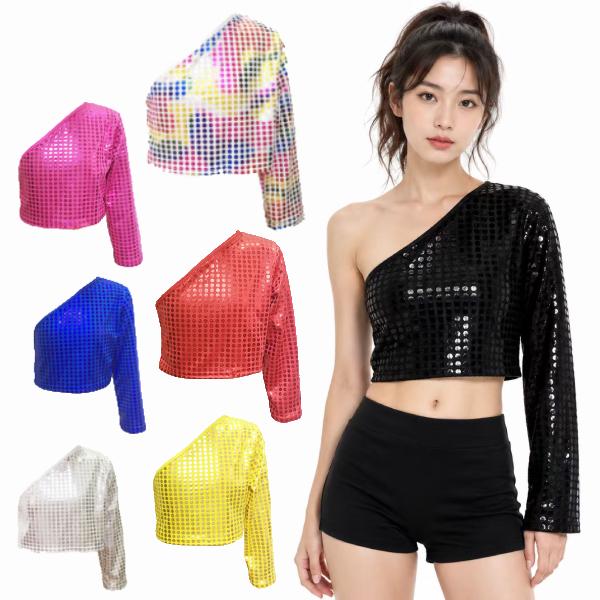 e117【ダンス衣装】スパンコール風　メタリック　エナメル　長袖　ワンショルダートップス　Tシャツ【7色・9サイズ】オフショル　肩開き　ショート丈　へそ出し