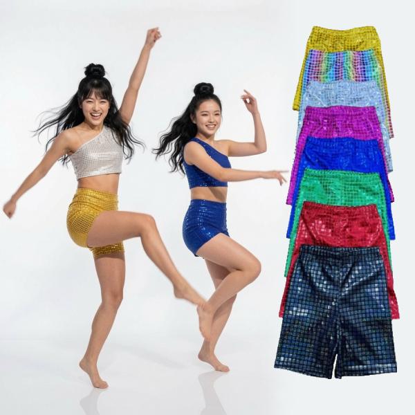 e168【ダンス衣装】3分丈ショートパンツ　チェック柄　格子模様　半ズボン ホログラム加工　ダンス衣装 【8色・9サイズ】ハーフパンツ　キラキラ　メタリック