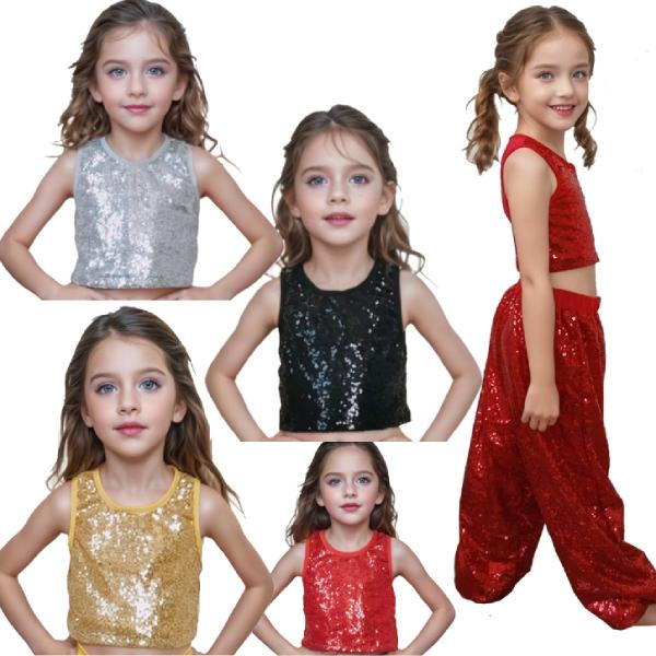 f033【ダンス衣装】ショートタンクトップ　スパンコール　キラキラ　トップス　ホログラム　メタリック【3色】カットソー　子供　大人　エナメル　ヒップホップ