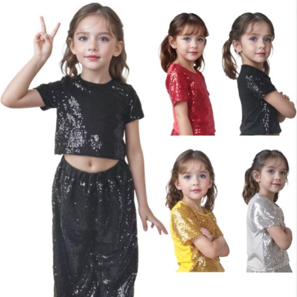 f043【ダンス衣装】ショート半袖Tシャツ　カットソー　スパンコール　キラキラ　トップス　ホログラム　メタリック【4色】子供　大人　エナメル　ヒップホップ