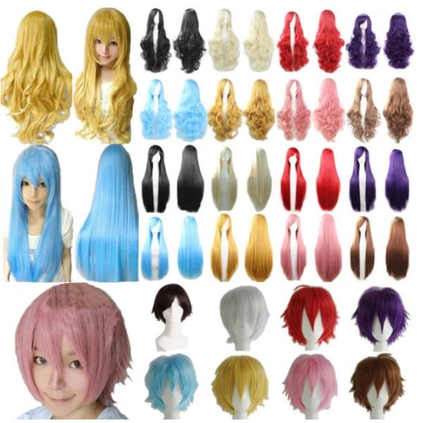 p001ハロウィン 仮装 ウィッグ【8色・3種/ウィッグ1点+ヘアネット1点】カラー　ウィッグ 【ロングストレート・ショート・ロングウェーブ】ヘアネットおまけ！