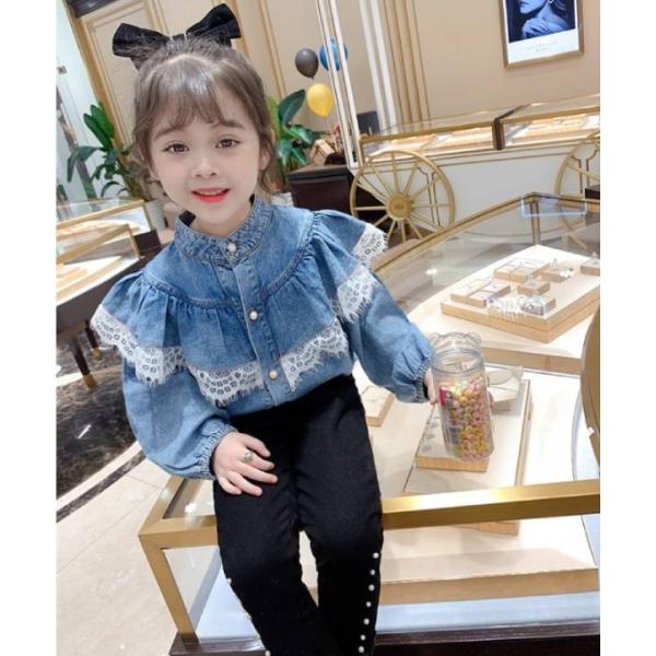 wzdwx013　レース　デニム　長袖ワイシャツ　ブラウス　シャツ 長袖シャツ　ジャケット　女の子　子供　キッズ　ジュニアプリンセストップス　ジャケット