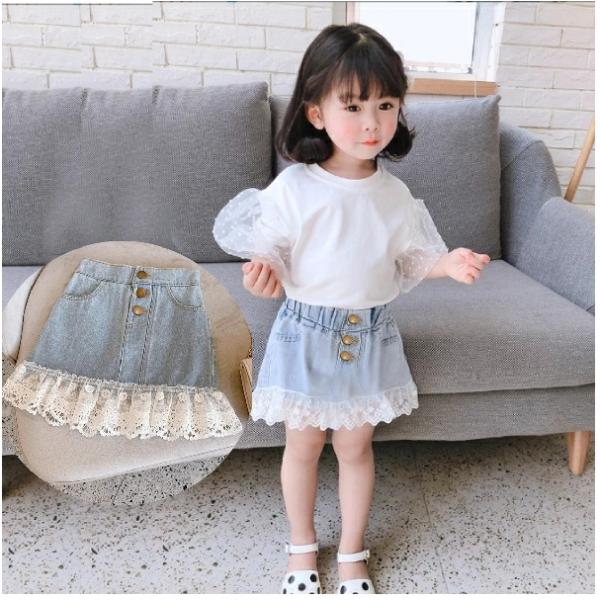 z0064　デニム　ミニスカート レース付スカート【ゆうパケット便ok】女の子　キッズ　子供 こども 　ボトムス　ジュニア　女の子　子供服　通学通園登校　動画有