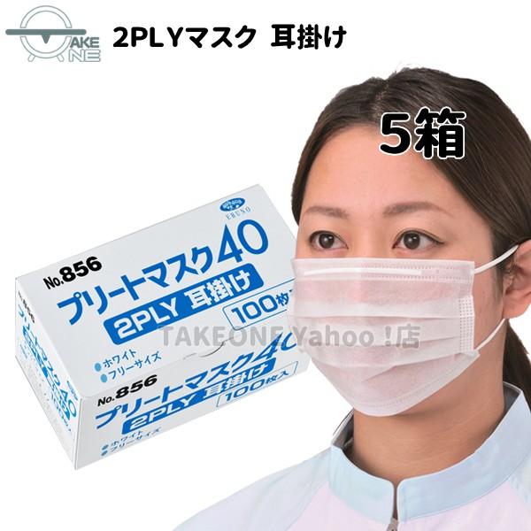 飛沫防止 2層マスク 不織布 エブノ 『5箱』 1箱100枚入 プリートマスク40 2PLY 耳掛け no.856 ホワイト 業務用マスク 食品加工用マスク