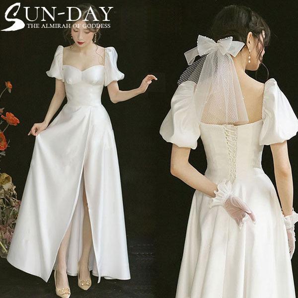 ウェディングドレス白 パーティードレス オフショルダー 露背