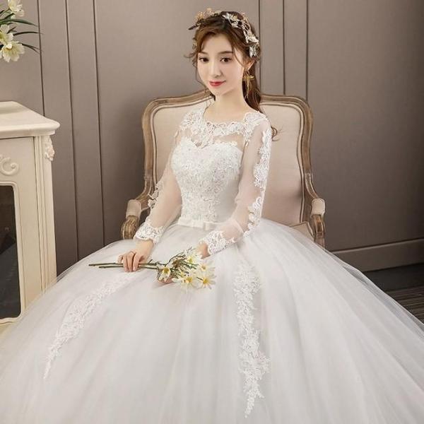 ウェデイングドレス 結婚式 花嫁ドレス 長袖 ロングドレス レース チュール 姫系 ホワイトドレス プリンセスドレス パニエ付き