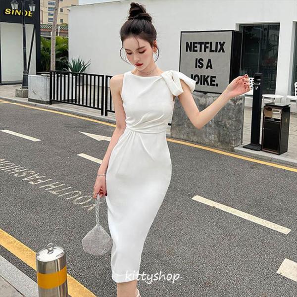 Z＊アディアム＊ノースリーブワンピース 膝丈 ホワイト白 リボン 清楚 日本製 アベニールエトワール R925-031 ワンピース 36 ホワイト