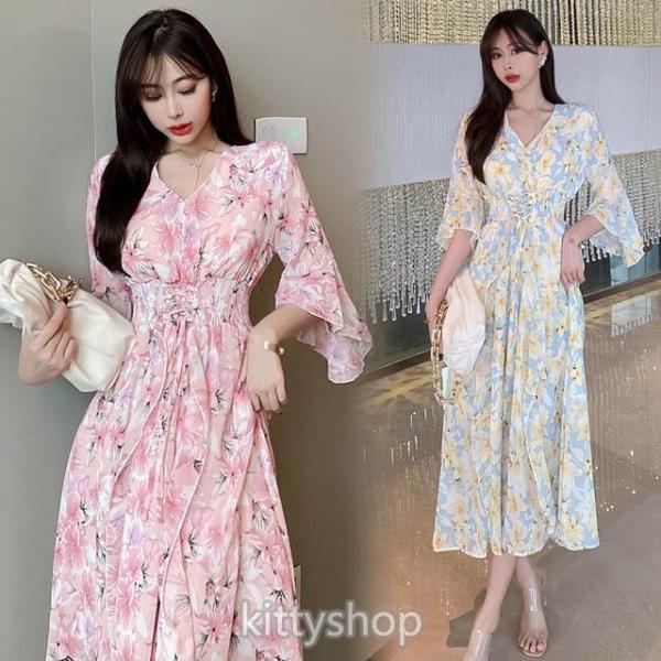 値下げ】シフォンワンピース マキシ丈 花柄ワンピース 夏 フレア袖