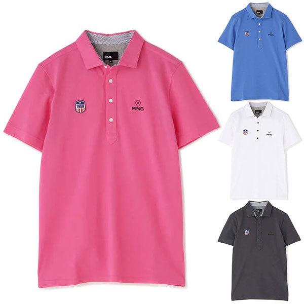 ピンアパレル ゴルフ ポロシャツ 半袖 メンズ シャツ 鹿の子 ゴルフウェア ロゴ ワッペン 伸縮 通気 無地 グレー 白 ホワイト ピンク 青 ブルー Ping 竹内ゴルフ ヤフーショッピング店 通販 Yahoo ショッピング