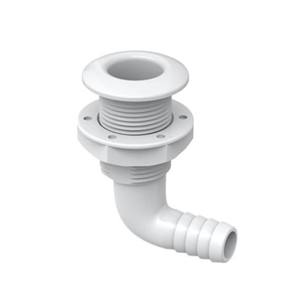 SEAFLO シーフロ社製のL字型の樹脂製スルハルです。適合ホースの内径は3/4インチ(約19mm)です。その他のサイズは画像をご覧ください。