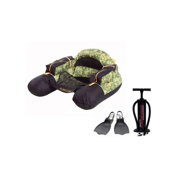 ロストレイク・カモU型フローターにフィンとポンプの付いた3点セットです。フローターはバスプロショップスのロストレイクU型フローターです。色は緑基調のデジタル・カモです。アメリカの最大手釣具店のバスプロショップスのオリジナル商品で、老舗のフロ...