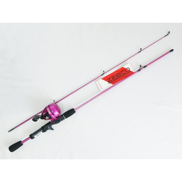 ゼブコのスリングショット スピンキャストリールと5.6ftロッドのセットです。 リールは202の派生モデルです。色はパープルです。ギア比は2.8：1で、巻取り長/ハンドル1回転は15インチ(約38cm)です。シングルピックアップピン、クイッ...