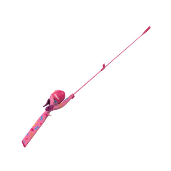 ゼブコ Zebcoの ワンダーウーマン WonderWoman スピンキャストリール一体式ロッドです。色はピンクです。お子様の入門用タックルですので構造を簡略化するためにスピンキャストリールとロッドを一体化しています。またハンドルノブとサム...