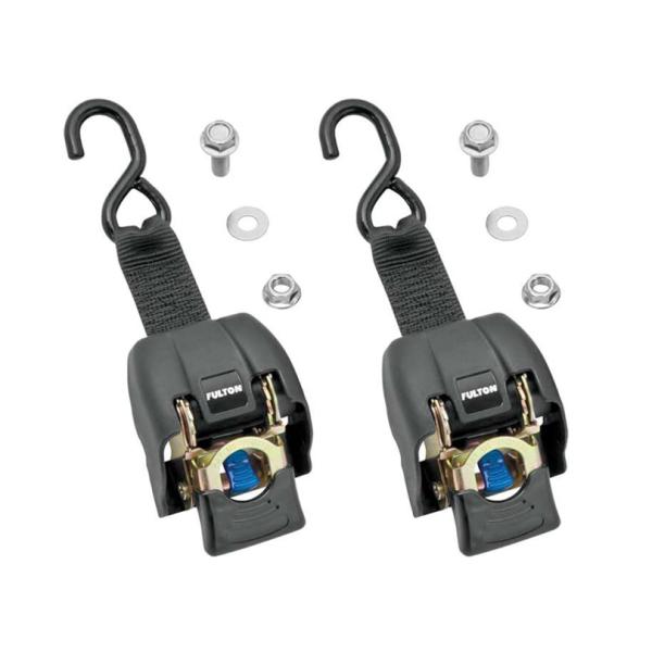 アメリカの大手トレーラーパーツメーカー、FULTON フルトンのトランラム用 リトラクタブル トランサム ラチェット タイダウンベルトの2個セットです。品番は2060366です。ステンレス/樹脂製で、ベルト幅は2インチ（約5cm)でベルト長...