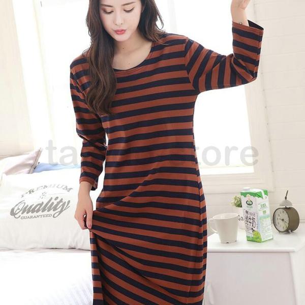 人気新品 Tシャツワンピース レディース ロングtシャツ 長袖 ルームウェア ネグリジェ ボーダー柄 部屋着 パジャマ おしゃれ 日本正規代理店品