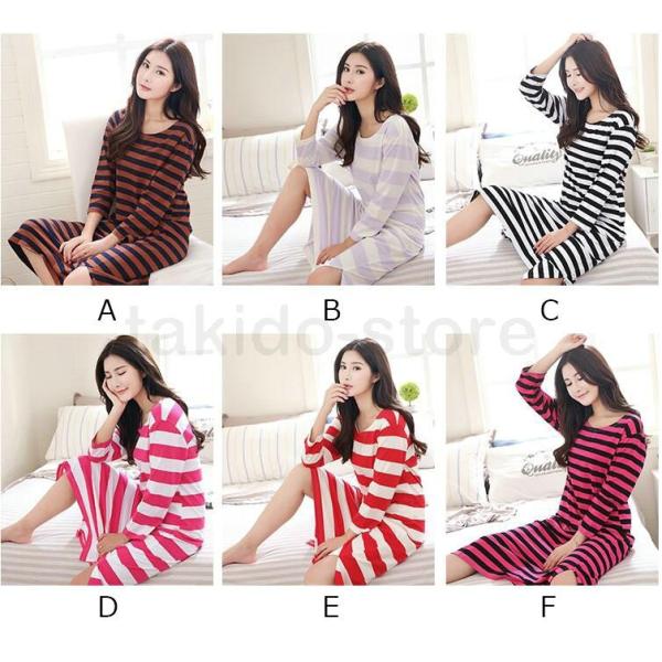 人気新品 Tシャツワンピース レディース ロングtシャツ 長袖 ルームウェア ネグリジェ ボーダー柄 部屋着 パジャマ おしゃれ 日本正規代理店品