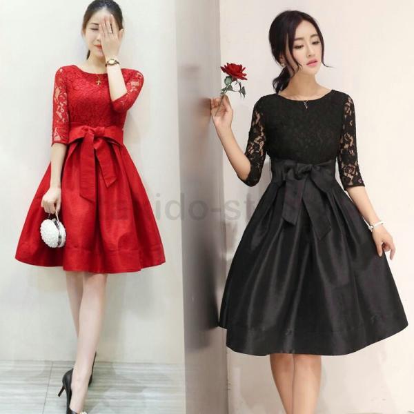 人気新品 大人 かわいい 刺繍 レース 切り替え リボン 赤 ワンピース 爆売り 黒 ドレス パーティー 結婚式