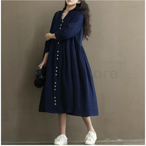 入荷予定 人気新品 レディース ワンピース ロング丈 長袖 マキシワンピース カジュアル 森ガール 無地 ゆったり Aライン