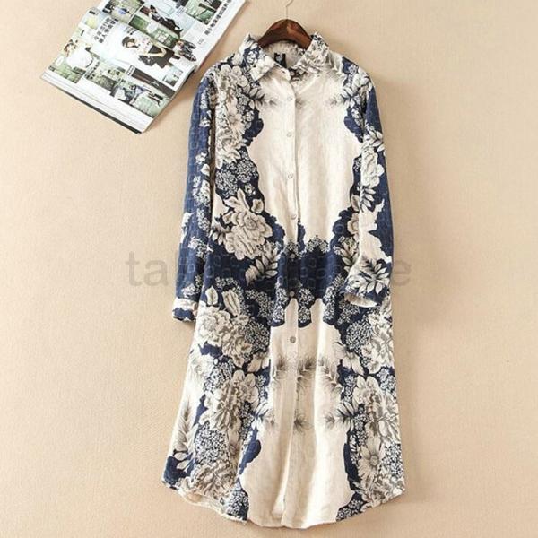 人気新品 シャツワンピ レディース リネンシャツ 長袖 花柄 ワンピース 綿麻 ブラウス ロング丈