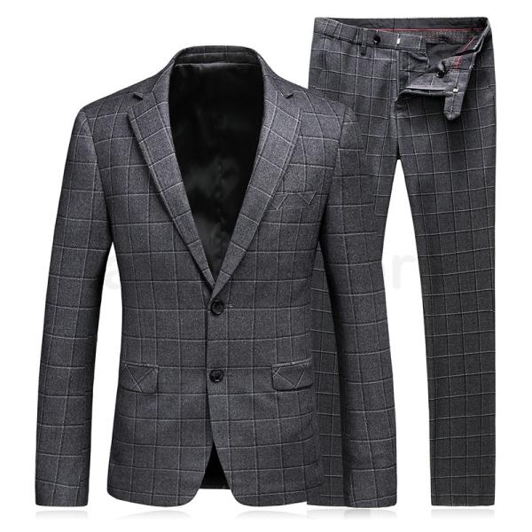 18春夏 2ピーススーツ ビジネススーツ 2つボタン メンズ チェック柄 スリム 就活