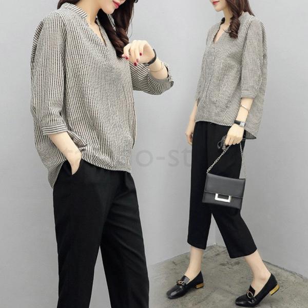 セットアップ 着後レビューで 送料無料 レディース パンツ 綿麻混 上下セット ブラウス シャツ Vネック 着痩せ 春夏 30代40代 九分丈 ゆったり おしゃれ カジュアル テーパード