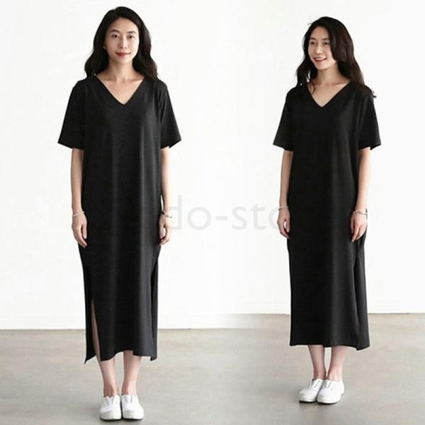 カットソーワンピース ロングワンピース マキシワンピース レディース 大きいサイズ 夏 ロング丈 半袖 無地 ワンピース Vネック ゆったり スリット Yxd