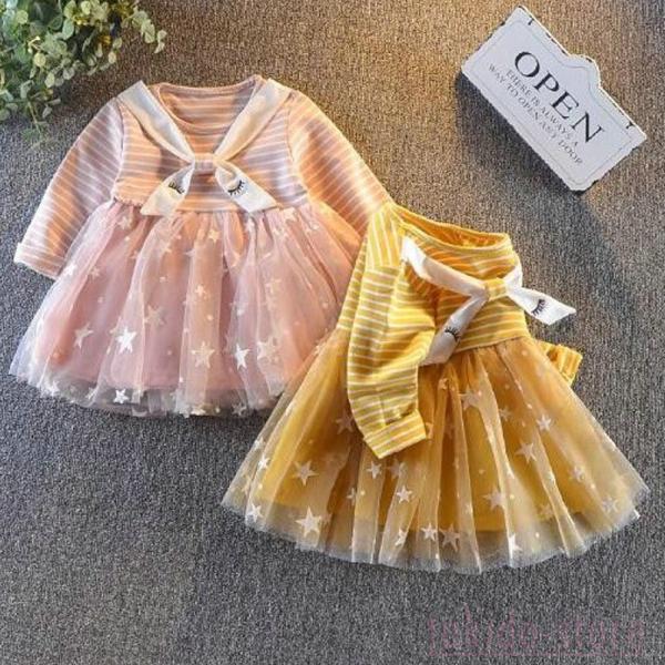 キッズ ベビー服 ワンピース 韓国子供服 フリル 秋服 春秋 チュール ニット チュチュスカート ボーダー柄 90cm 100cm 110cm 1cm 女の子
