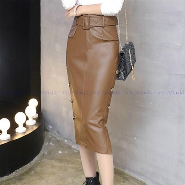 人気新品 タイトスカート レザー スカート スリット ひざ丈 ミモレ丈