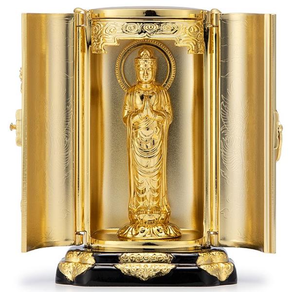 寸法：高さ9.7cm×巾6.4cm×奥行4.3cm材質：合金製金メッキ仕上げ備考：仏師 牧田秀雲 作生産地：富山県高岡製