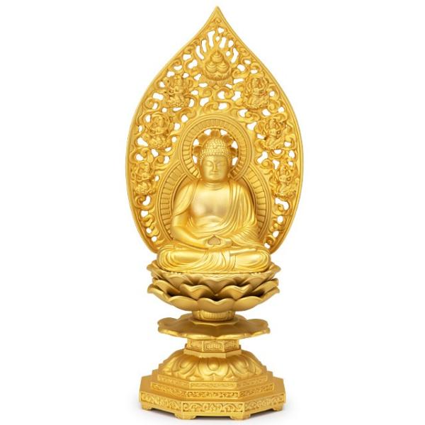 寸法：高さ18cm×巾8cm×奥行6.5cm材質：合金製金メッキ仕上げ生産地：富山県高岡製備考：仏師 牧田秀雲 作釈迦如来は曹洞宗・臨済宗のご本尊です。