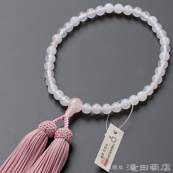 仏壇屋 滝田商店 数珠 女性用 白メノウ 紅水晶仕立 7mm玉 念珠袋付き