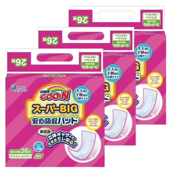 ［医療費控除対象品］スーパーBIGシリーズにピッタリフィット！ベビー用・大人用のどちらのサイズにも合わなかった方のための中間サイズのパッドです。●内容量26枚入×3個セット●商品サイズ（cm）幅約13.5×長さ約45●材質表面材：ポリオレフ...