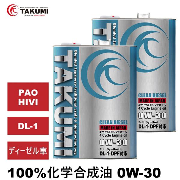 他サイト： ディーゼルエンジンオイル 4L×2 0W-30 DL-1 ディーゼル マツダ 日産 化学合成油 PAO HIVI ディーゼルオイル TAKUMIモーターオイル CLEANDIESEL 0W-30の商品画像