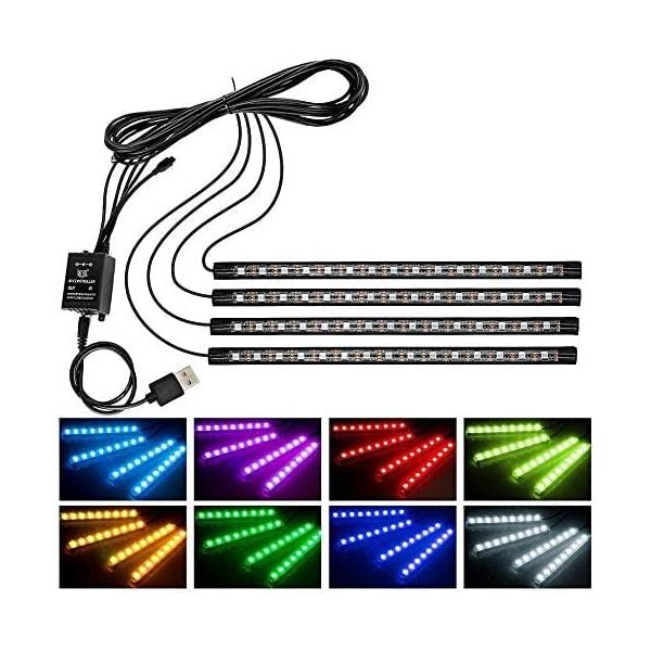 他サイト： wsiiroon 車 60LED RGB テープライト USB式 車内装飾用 音に反応 防水 全8色に切替 高輝度 フットランプ 足下照明 リモコン付の商品画像