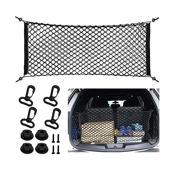 【商品概要】【サイズ】サイズ：90cm×40cm。メッシュの内側が二重構造になっているため、収納スペースを最大限に活かせます。【セット内容】ラゲッジネット本体、ネット固定フック、 ネジ、フック【荷物崩れ防止】車運転中に上下揺れることがあり、...