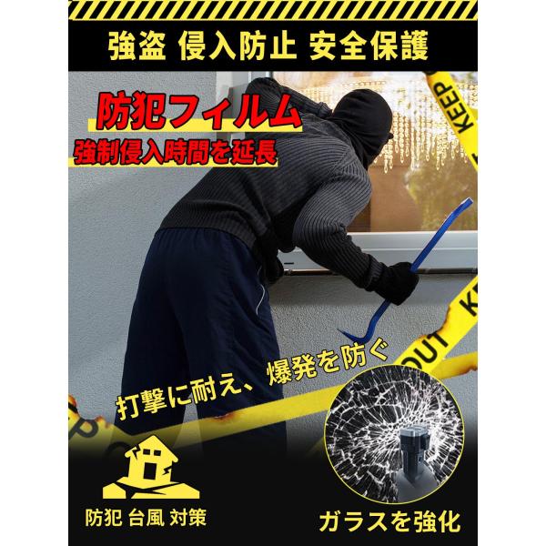【商品概要】【高い透明性】本製品は高透明度の素材を使用し、貼り付けた後も窓の視界を妨げせず、強靱な特性を持ち、破砕時の飛散を効果的に防止します。【防爆・耐打撃】特殊な強化樹脂素材で作られており、ガラスが万一破砕した場合に、破片を散らばらせな...
