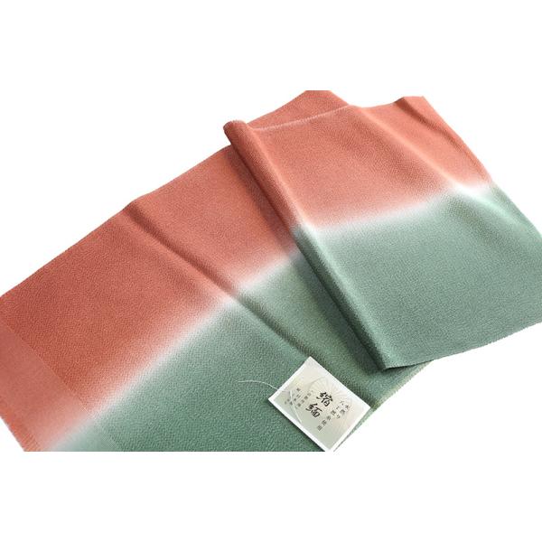 正絹　帯揚げ　縮緬　たてぼかし染め　緑/赤丹色　帯揚　ちりめん　日本製