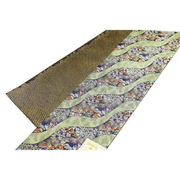 リバーシブル半巾帯　道長草花　グリーン　疋田(鹿の子)　茶色　ポリエステル100％　お仕立て上がり　半幅帯　細帯　長尺　日本製