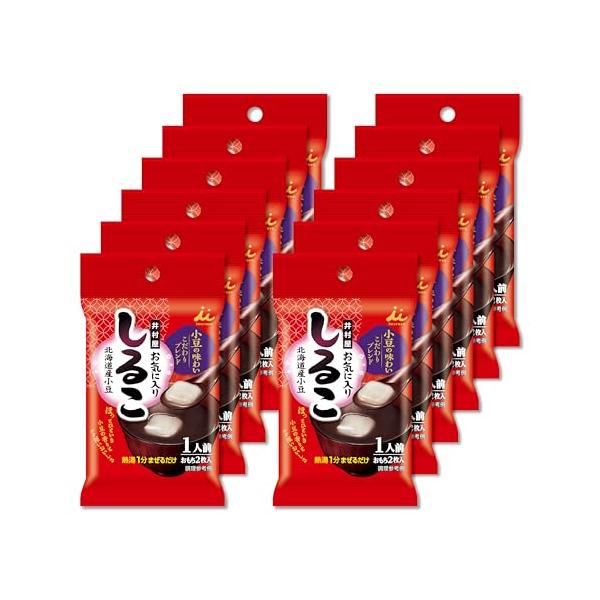 即席おしるこ・熱湯1分の簡単調理で食べられる・北海道産小豆を使用・粉末あん・製法の異なる2種類の粉末小豆をブレンド・小腹を満たすおもち2枚入り