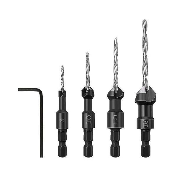 皿取り錐ドリルセット材質：高速度鋼、強度、強度、耐熱性、耐摩耗性、防錆性の最高の組み合わせを提供します・4本セット 木工ドリルビット、シャンク：6.35mm六角軸 、サイズ： #6  #10  #13  #16・簡単な取り付けと調整：スパナ...