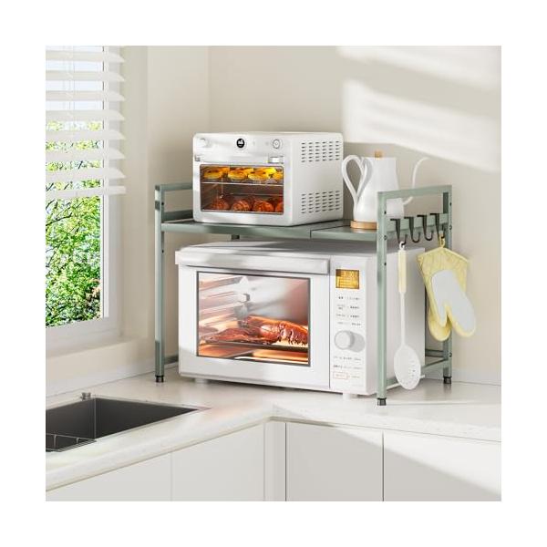 ミニマリストグリーン/幅39~65*奥行31.5 *高さ41.5cm/SH06・Color:グリーン・電子レンジ上のデッドスペースを有効活用できる伸縮キッチンラック：レンジ上ラックは、約幅36cm〜59 cm(内寸)で無段階調整できる、可動...