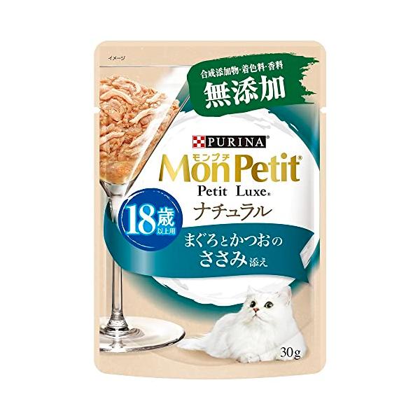 他サイト： モンプチ キャットフード プチリュクスパウチ ナチュラル 18歳以上用 まぐろとかつおのささみ添え 30gx12の商品画像