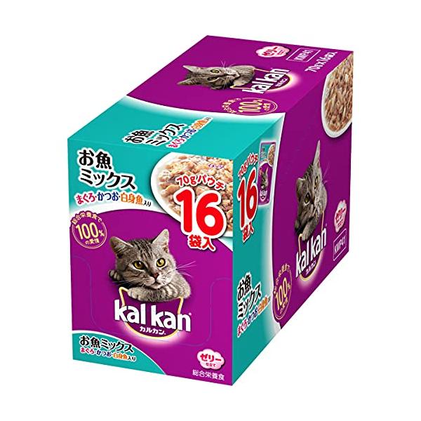 他サイト： カルカン キャットフード パウチ お魚ミックス まぐろ・かつお・白身魚入り 成猫用 70g×16袋 (まとめ買い)の商品画像