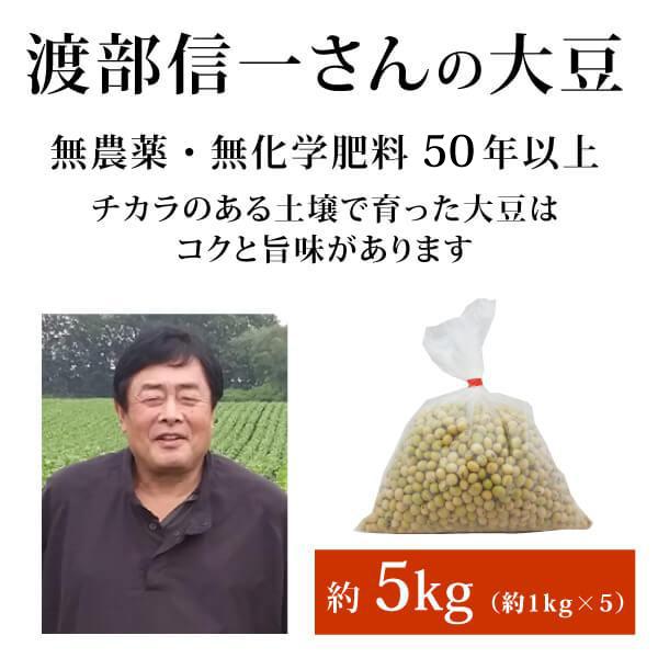 北海道産 渡部信一さんの無農薬大豆[正規品]。化学肥料不使用・植物堆肥栽培50年以上の土壌で収獲した大豆）。品種は音更大袖。少し緑がかっている色がこの大豆の特徴です。渡部信一さんは北海道・大雪山の麓で化学薬品とは無縁の農業を営んでいる生産者...