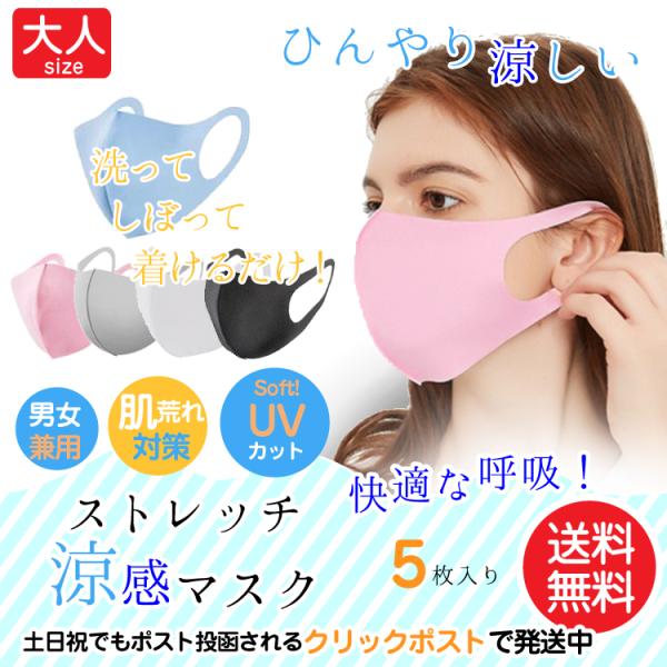 一年中使える 春夏秋冬マスク  大人用 ５枚入り 洗える 個別包装 冷感マスク クールマスク 接触冷感 冷感 紫外線 日よけ対策 送料無料