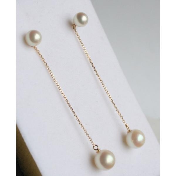 真珠が揺れる パール4個のロングピアス K18製 6.2mm・8.1mm  