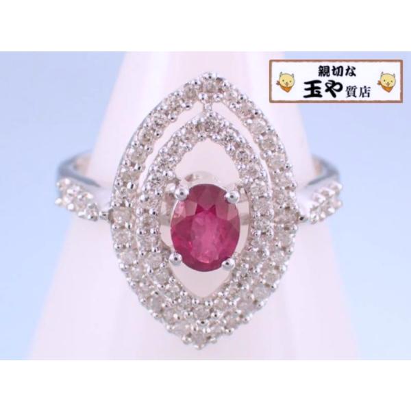 リング ルビー0.35ct ダイヤ0.37ct K18WG マーキス 11号 新品同様 