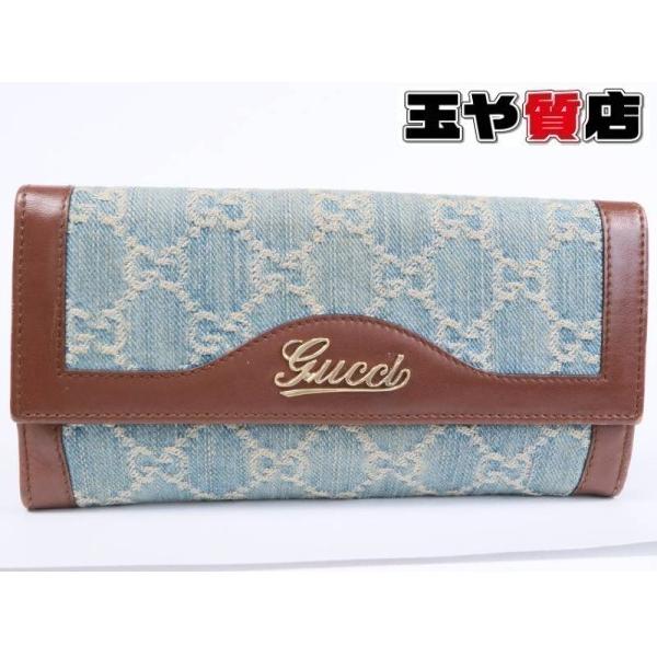 GUCCI（グッチ） 財布 GG デニム 茶 レザー 282411 横長 ダブルホック